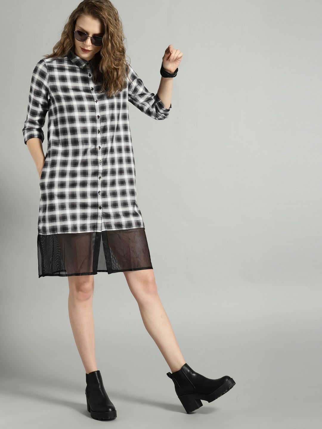Roadster Women Black & White Checked Shirt Dress