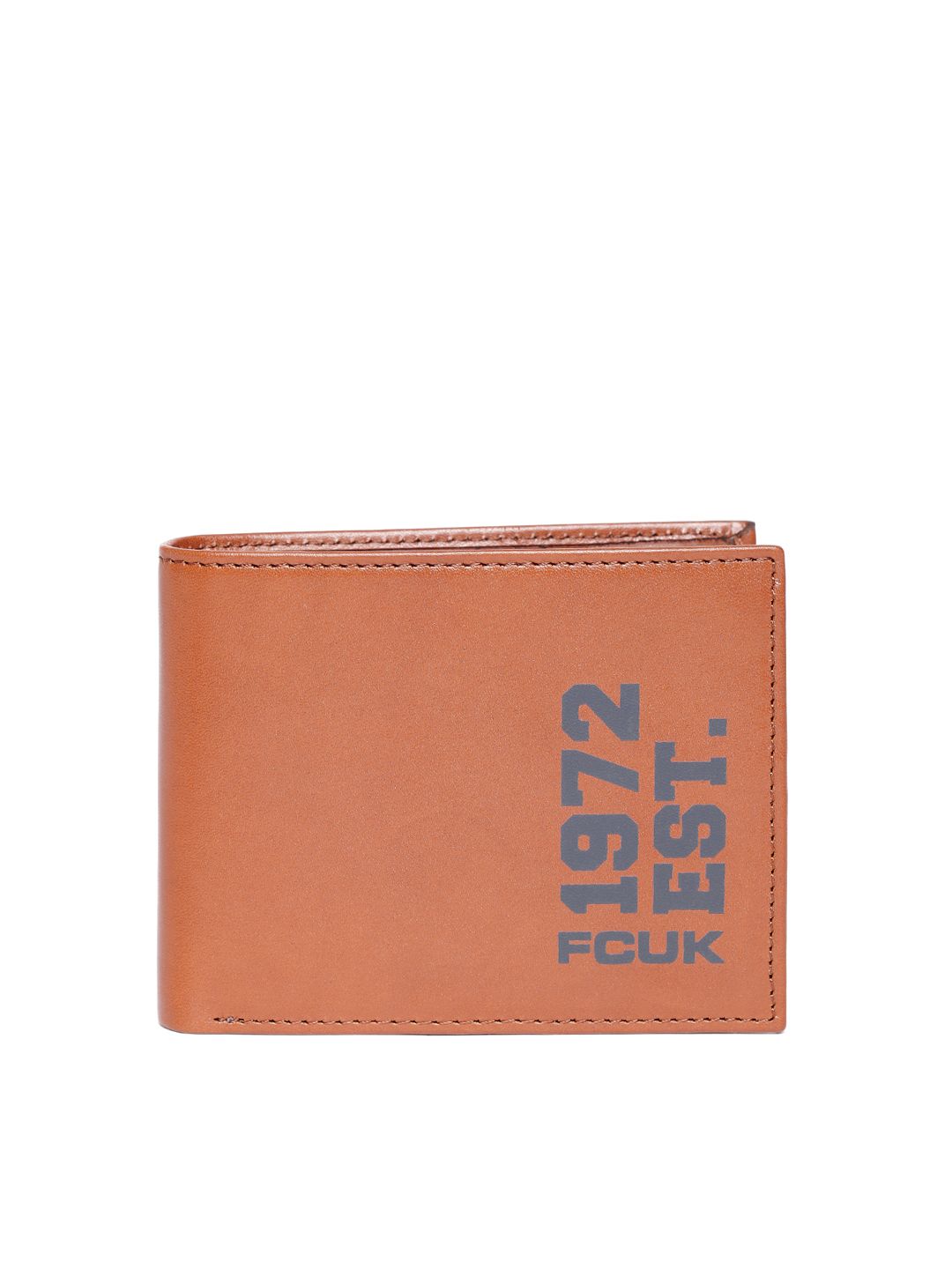French Connection Men Tan Brown Leather Two Fold Wallet with Printed Detail