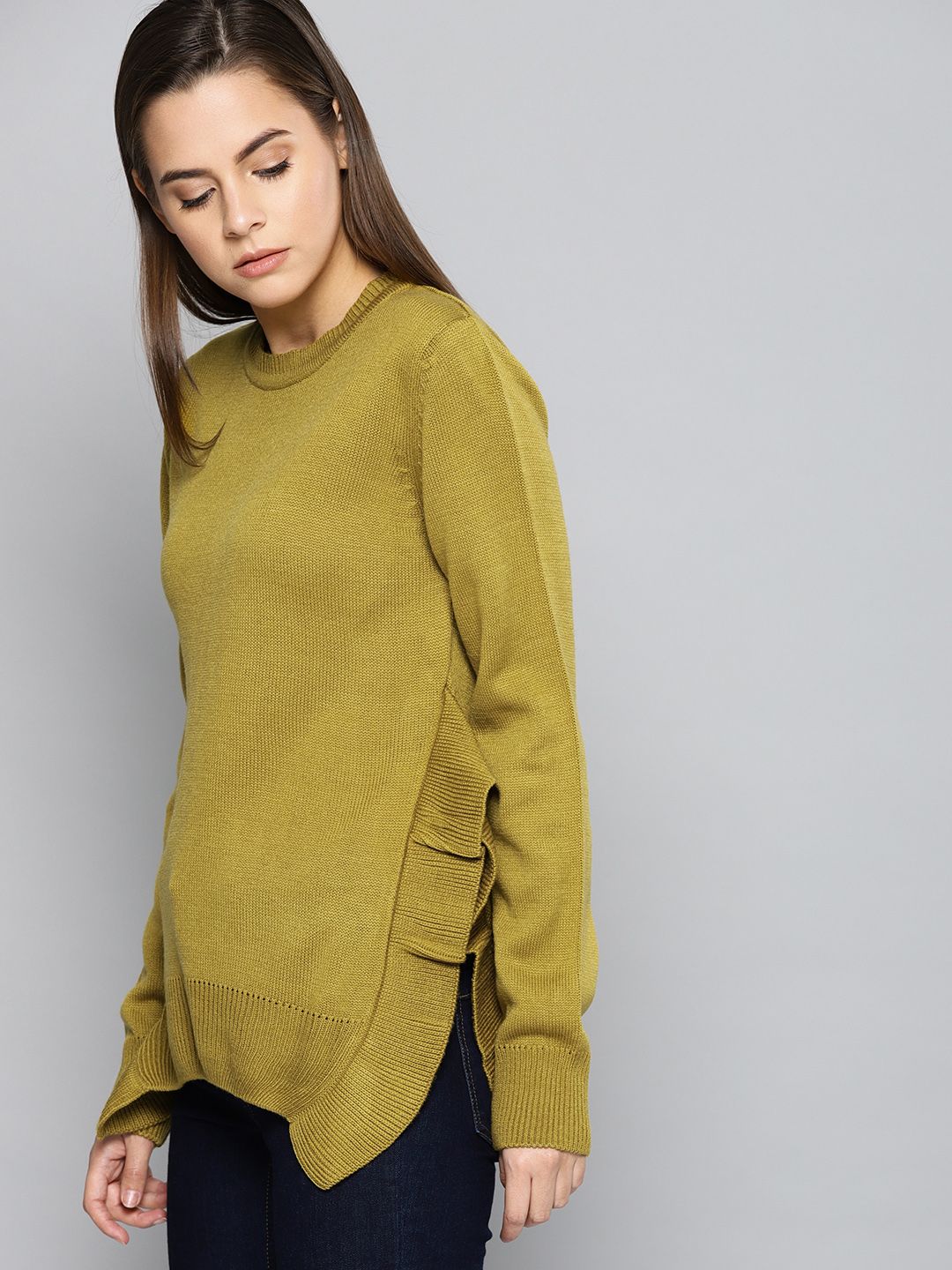 Chemistry Women Olive Green Solid Pullover Sweater