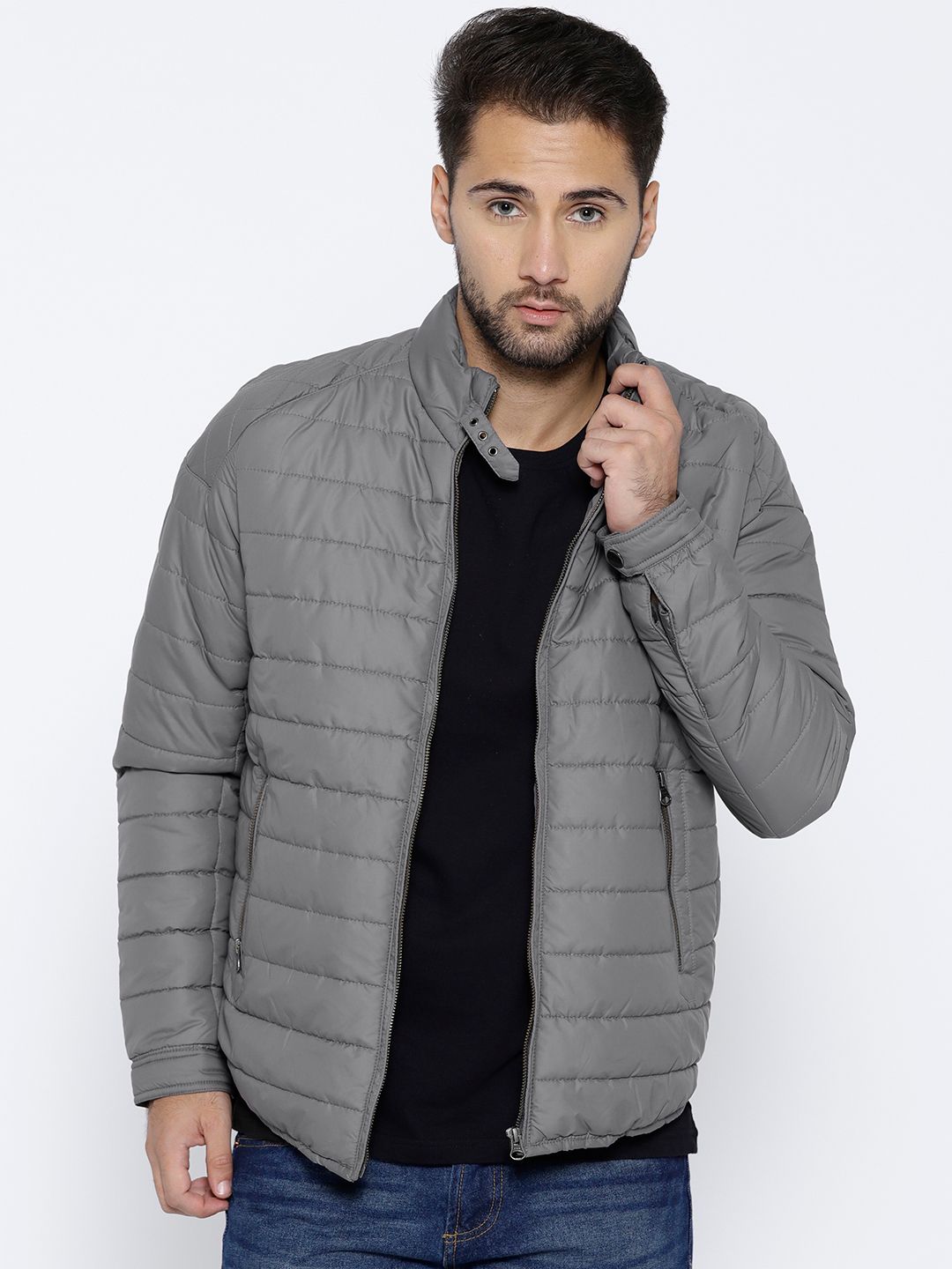 John Players Men Grey Solid Puffer Jacket
