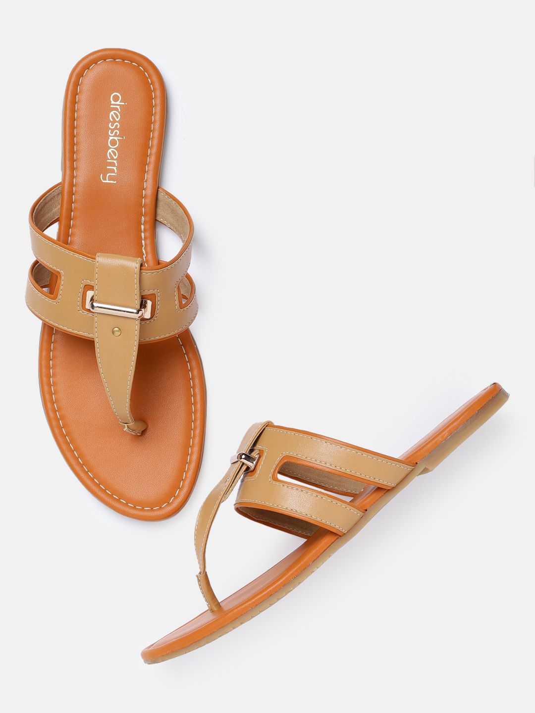DressBerry Women Tan Brown Solid T-Strap Flats