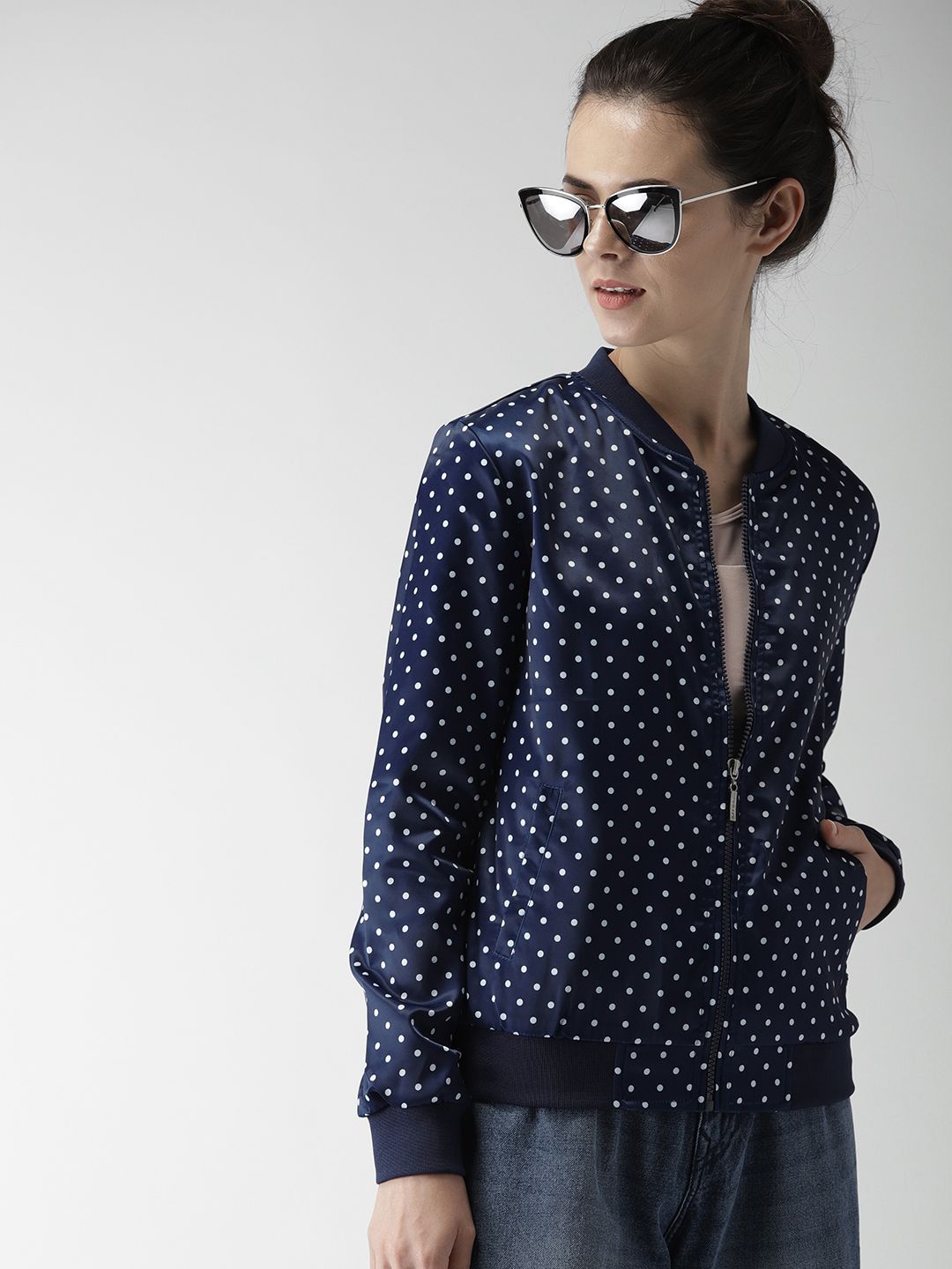 Mast & Harbour Women Navy Blue Printed Bomber