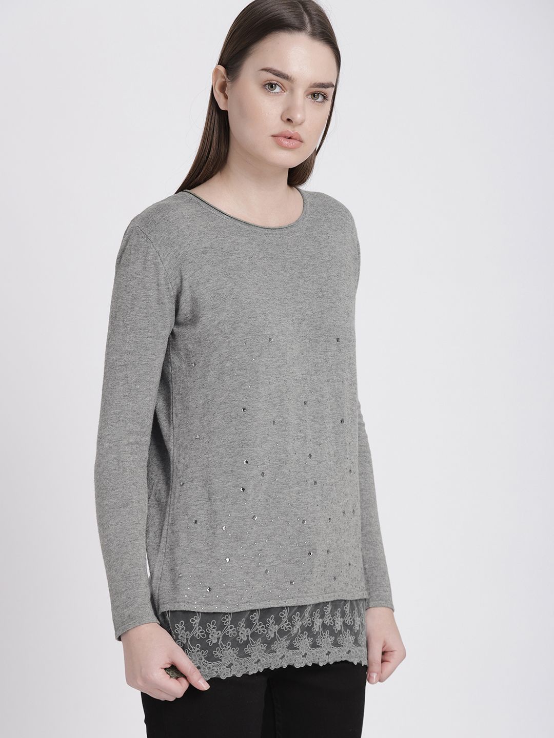 Chemistry Women Grey Embellished Lace Trim Sweater