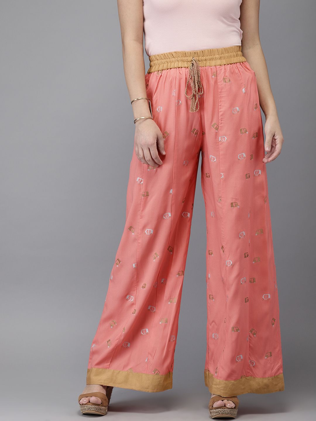 HERE&NOW Women Peach-Coloured Printed Wide Leg Palazzos