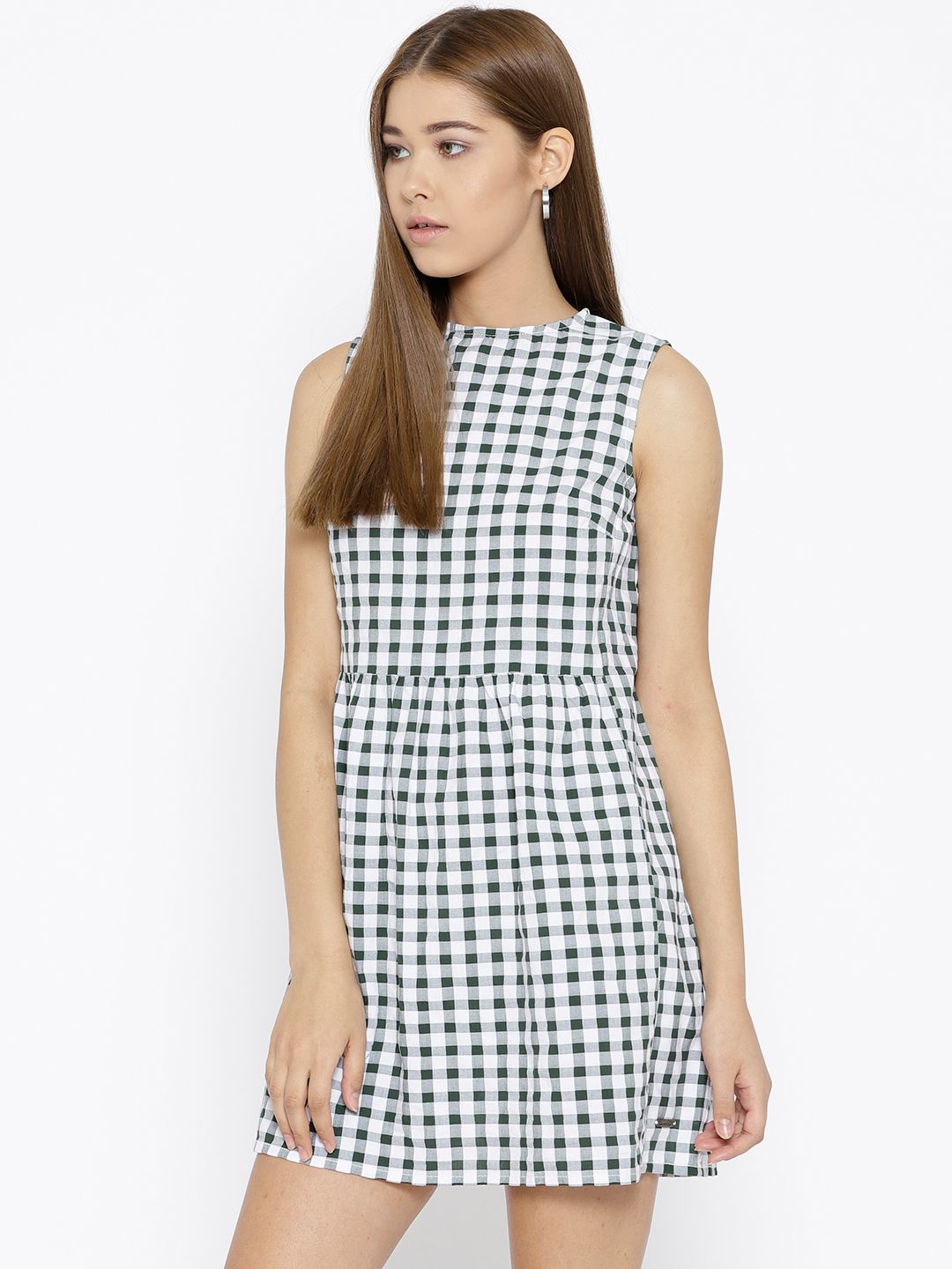 Roadster Women White & Green Checked A-Line Dress