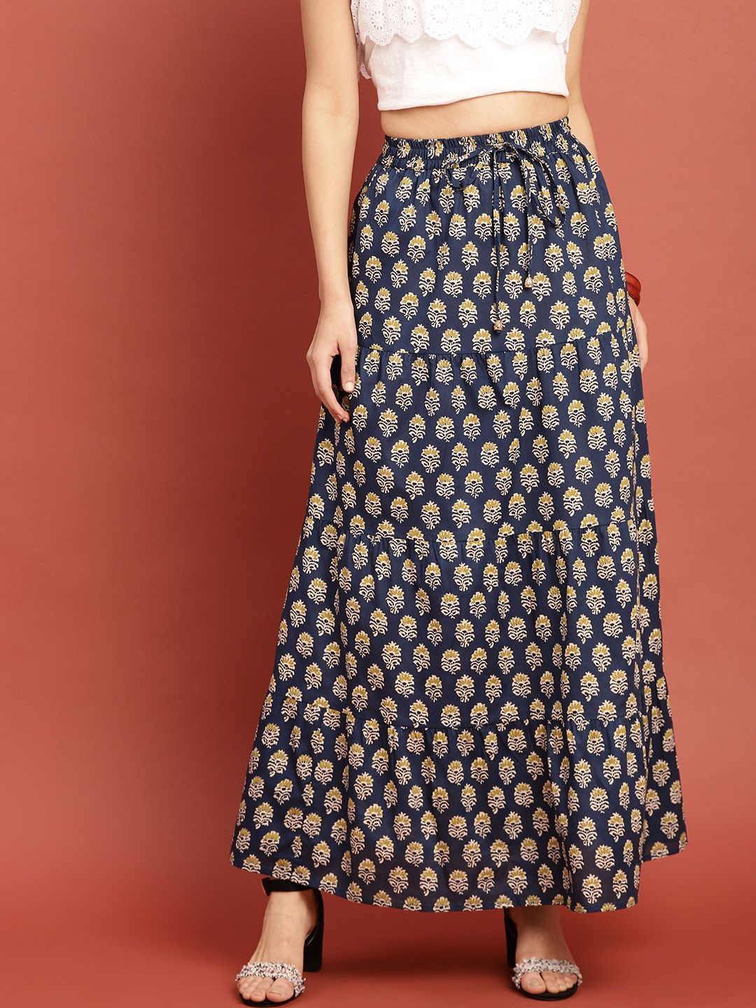 Taavi Women Blue Block Print Legacy A-Line Maxi Flared Pure Cotton Skirt
