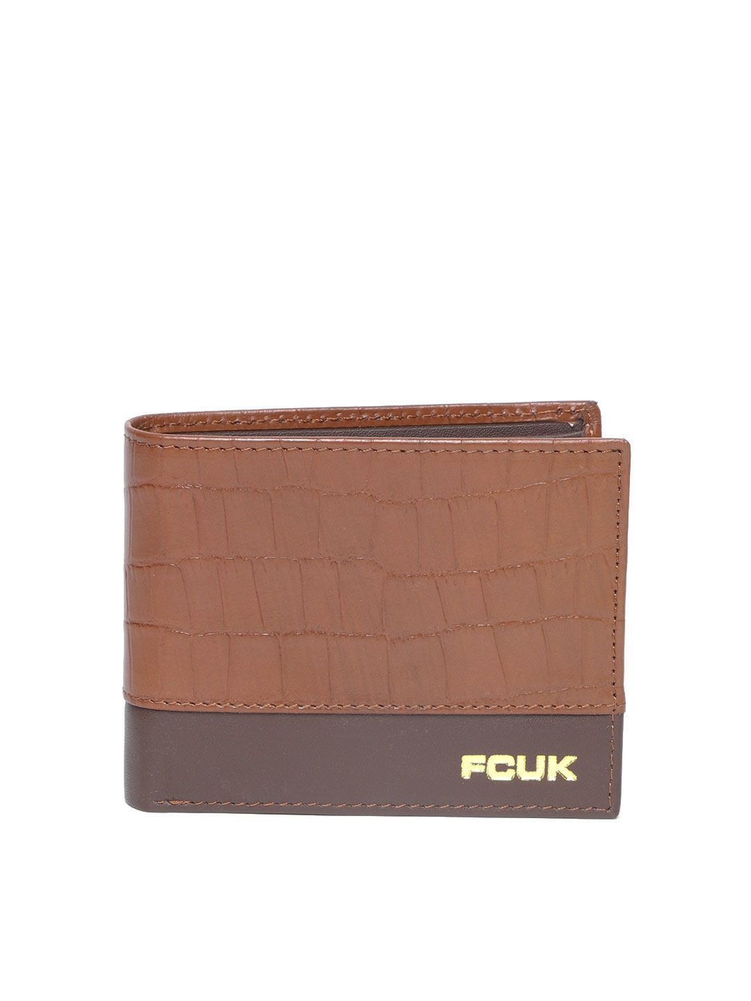 French Connection Men Brown Leather Textured Two Fold Wallet