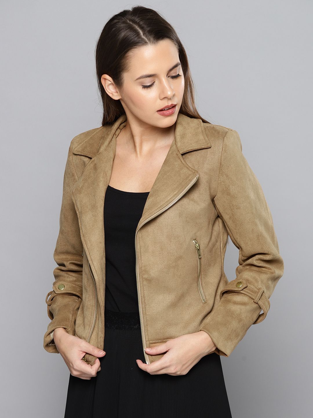 Chemistry Women Tan Solid Biker Jacket