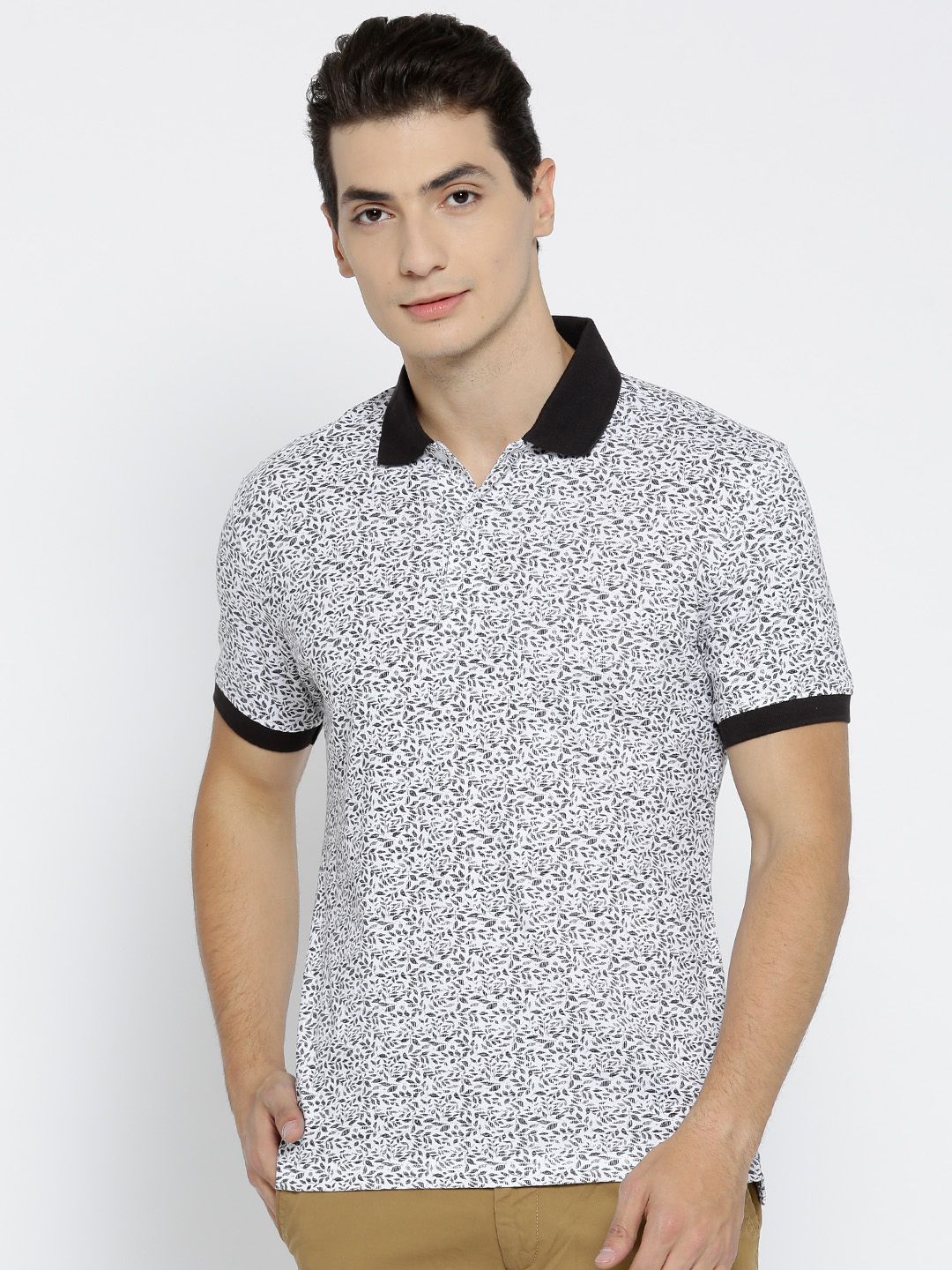 John Players Men White Printed Polo Collar Pure Cotton T-shirt