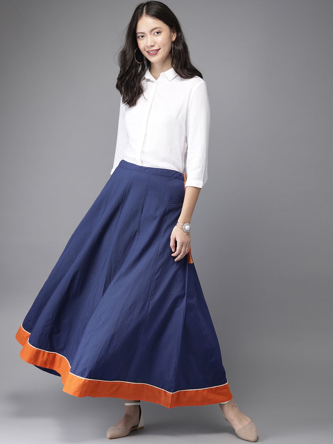 HERE&NOW Women Navy Solid Flared Kalidar Pure Cotton Skirt