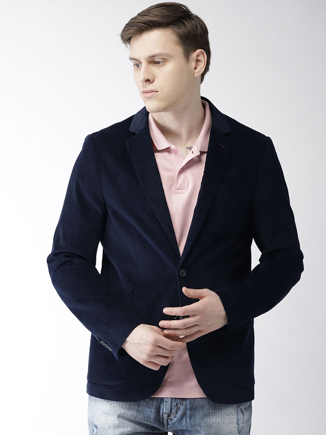 Scotch & Soda Men Navy Blue Solid Single-Breasted Casual Pure Cotton Blazer