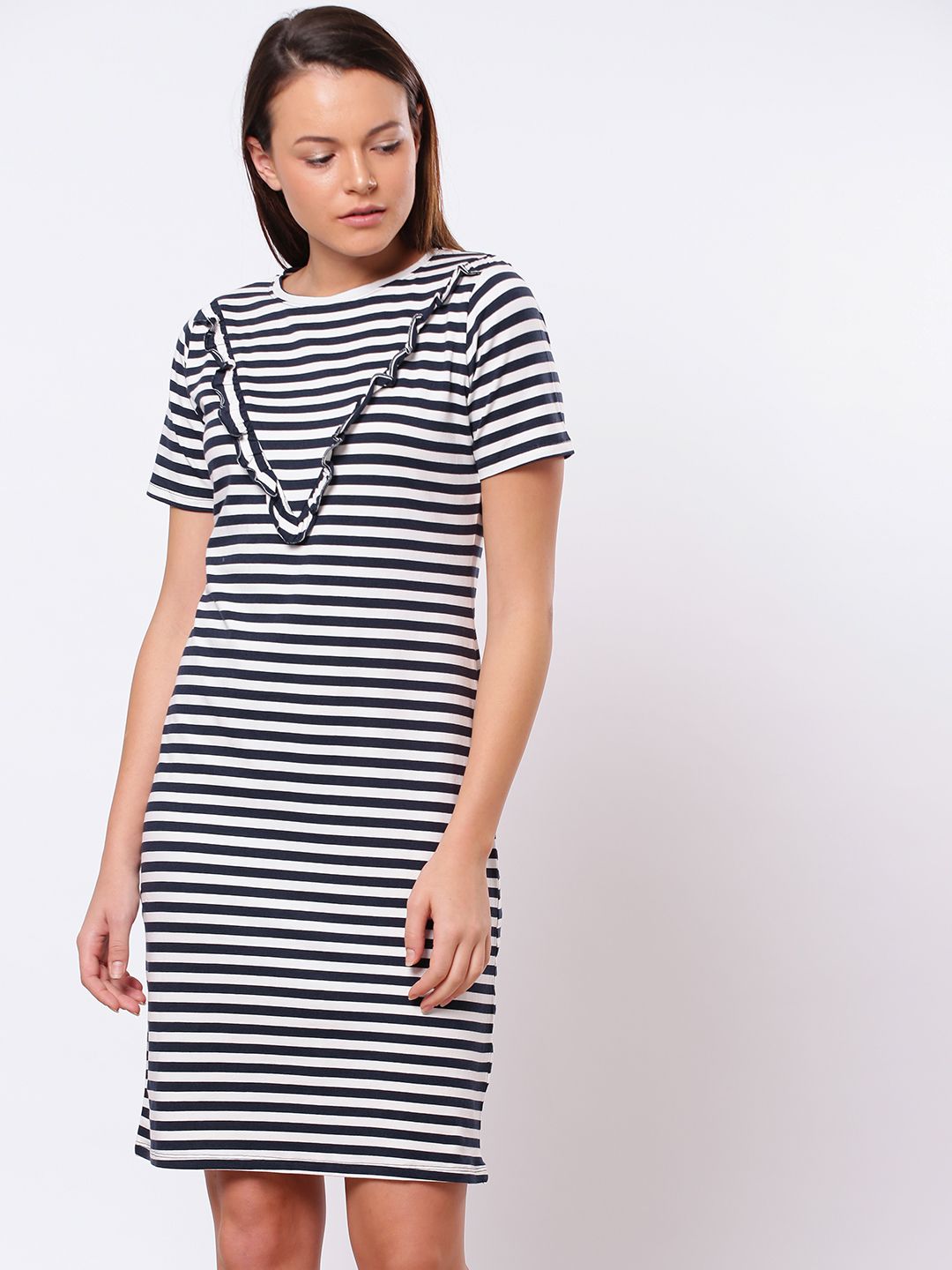 ether Women White & Navy Blue Striped T-shirt Dress