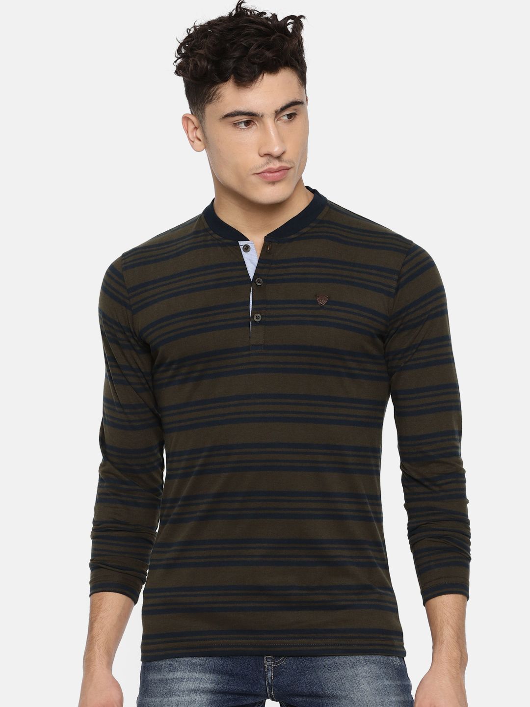 John Players Men Olive Green & Navy Striped Mandarin Collar T-shirt