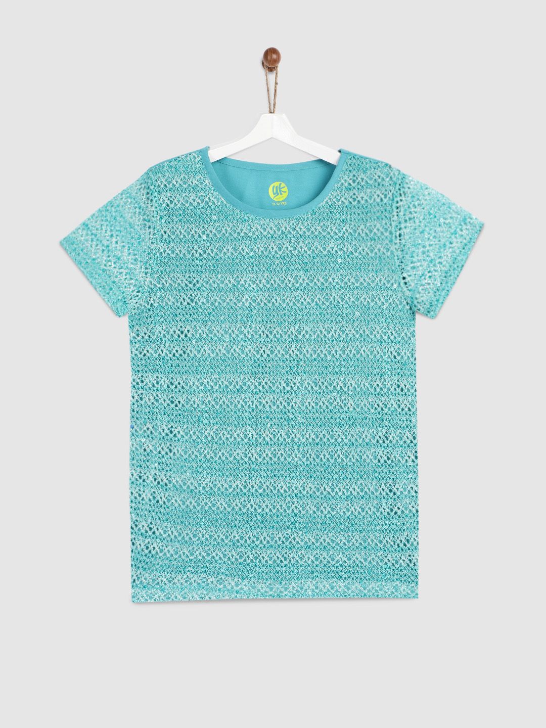YK Girls Turquoise Blue Self-Design Top