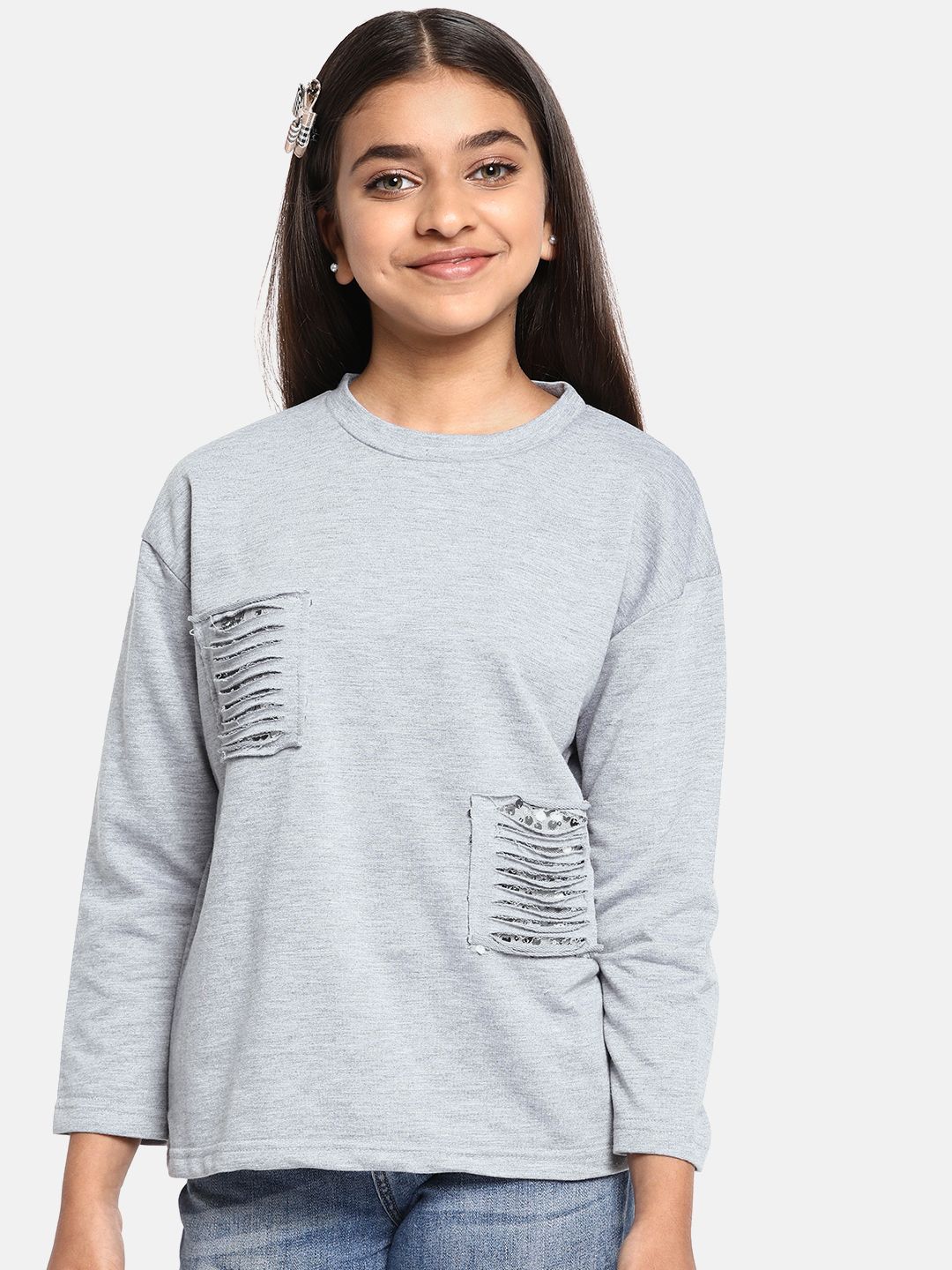 YK Girls Grey Melange Solid Round Neck Top with Ripped & Sequinned Detail