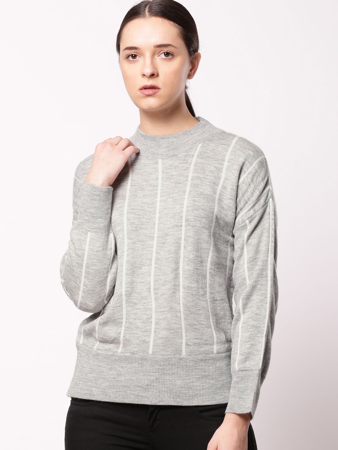 ether Women Grey & Cream-Coloured Striped Pullover