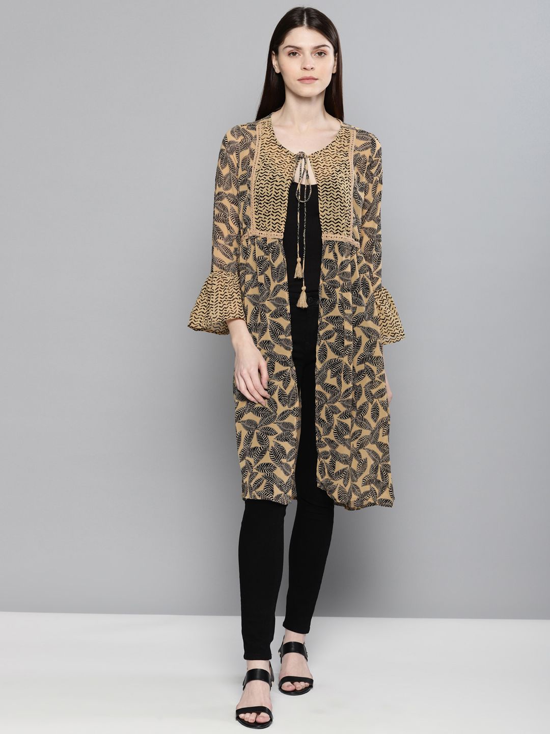 Chemistry Women Beige & Black Printed Open Front Shrug