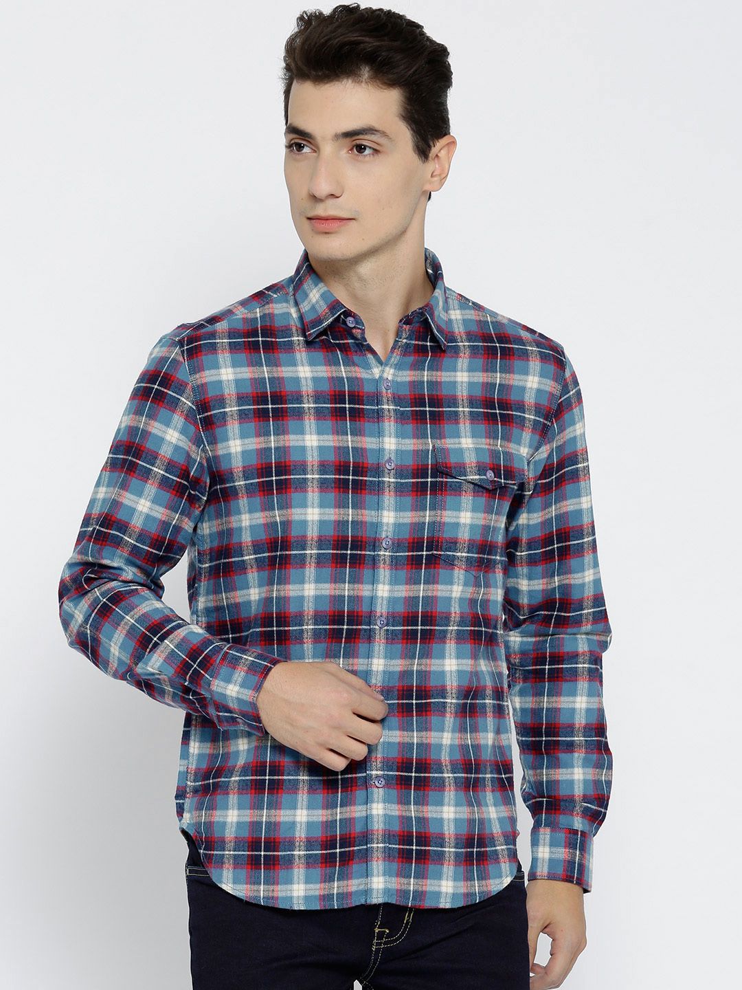 John Players Men Blue & Red Trim Fit Checked Casual Shirt