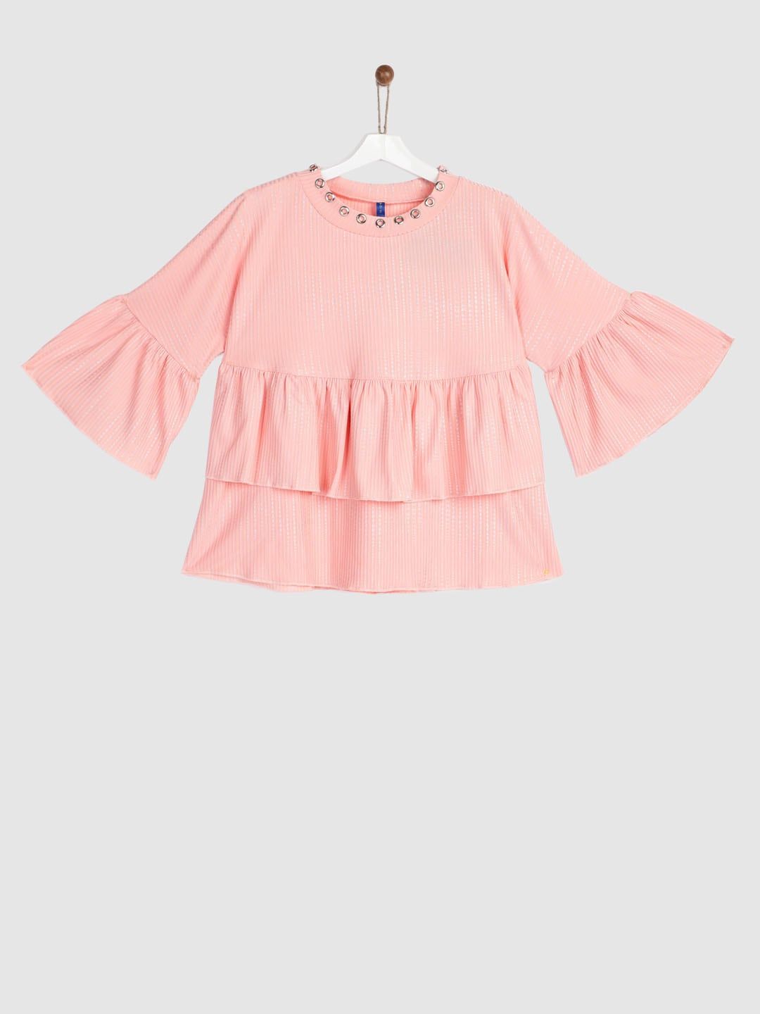 YK Girls Peach-Coloured Self Design Blouson Top