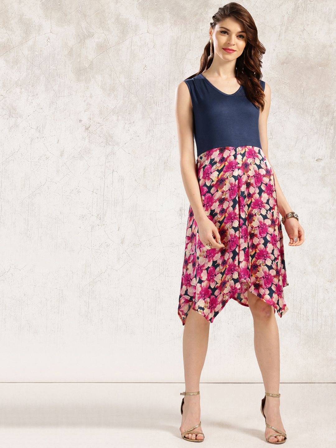 Anouk Women Pink & Navy Printed A-Line Dress