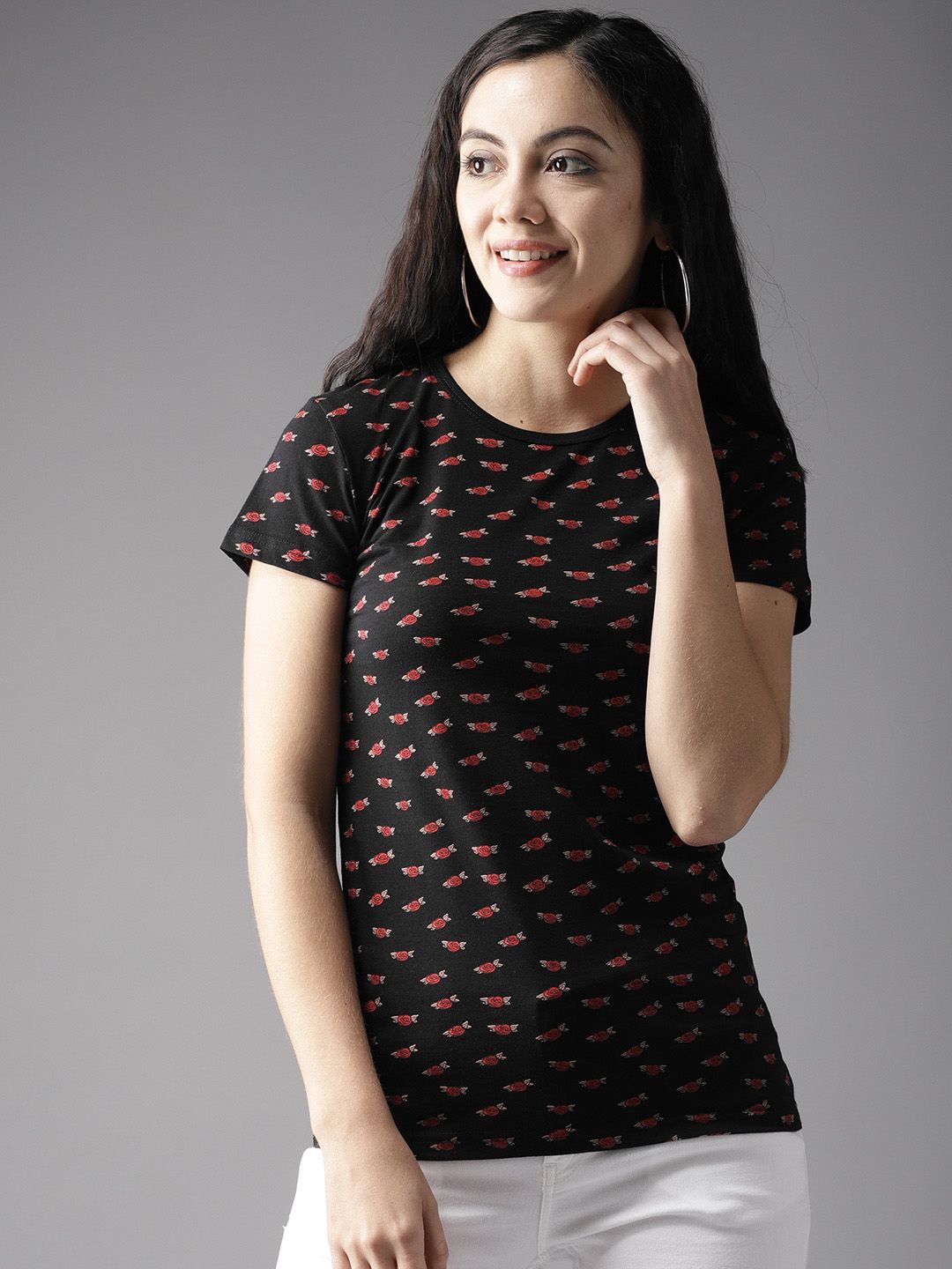 Moda Rapido Women Black & Red Printed Round Neck T-shirt