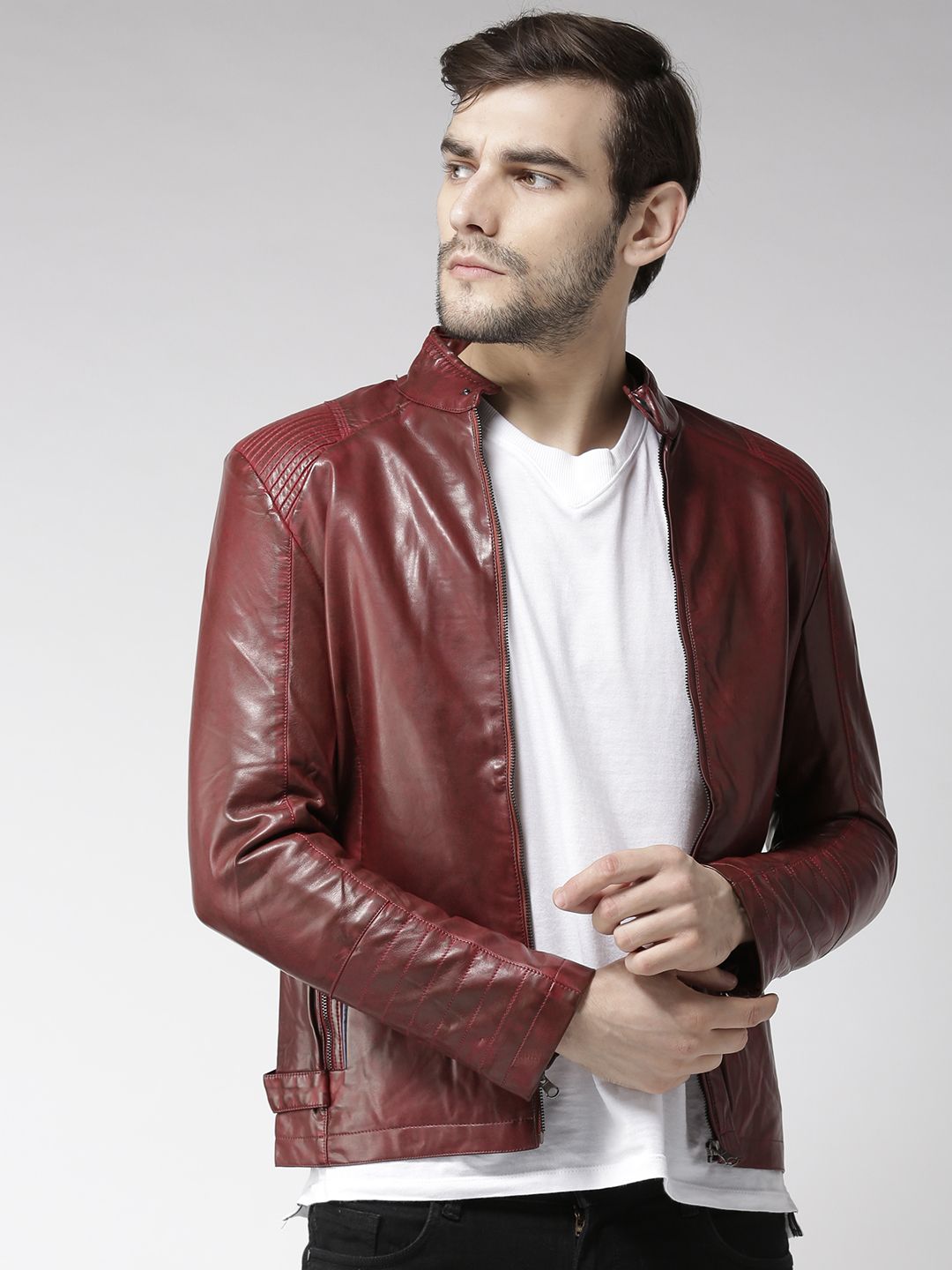 Fort Collins Men Maroon Solid Biker Jacket