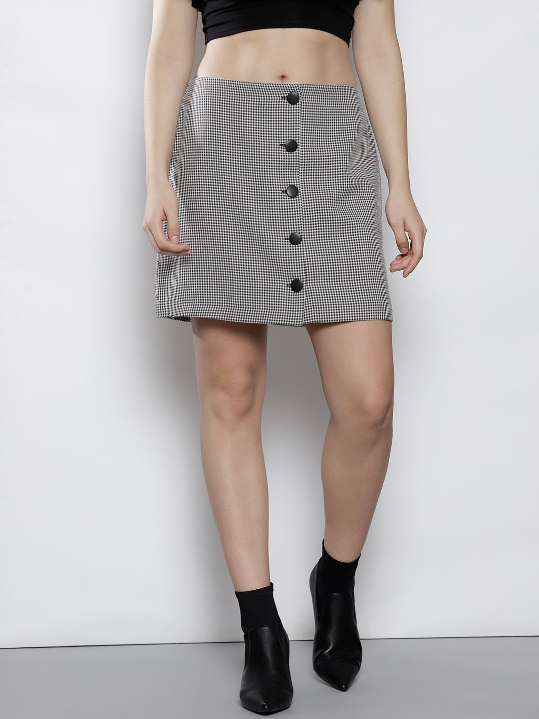 DOROTHY PERKINS Women Petite Off-White & Black Checked Mini A-Line Skirt