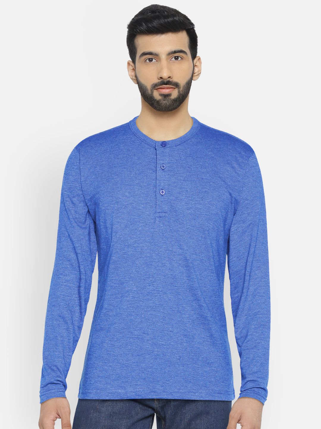 John Players Men Blue Solid Henley Neck T-shirt
