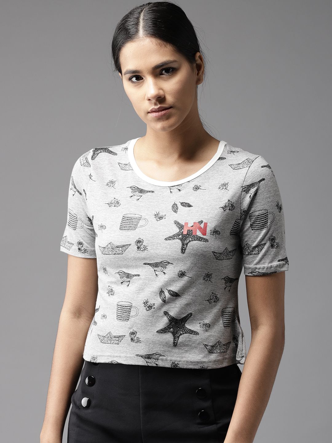 HERE&NOW Women Grey Melange Printed Round Neck T-shirt