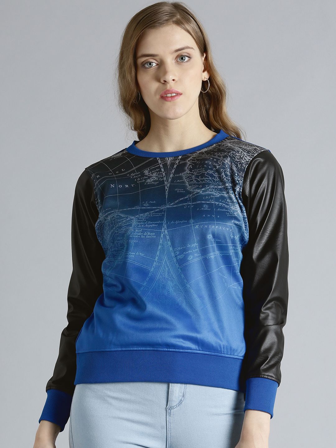 Kook N Keech Blue & Black Printed Colourblock Sweatshirt