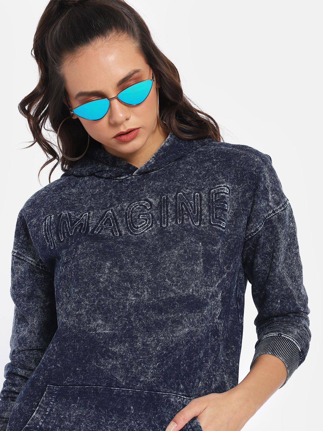 Kook N Keech Women Navy Blue Faded Hooded Sweatshirt