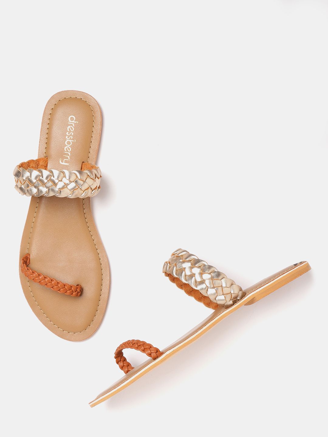 DressBerry Women Gold-Toned & Brown Braided Open Toe Flats