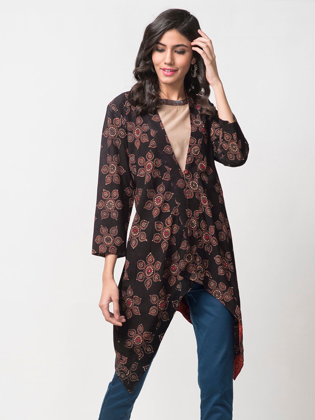 Fabindia Black & Brown Handblock Print Longline Button Shrug