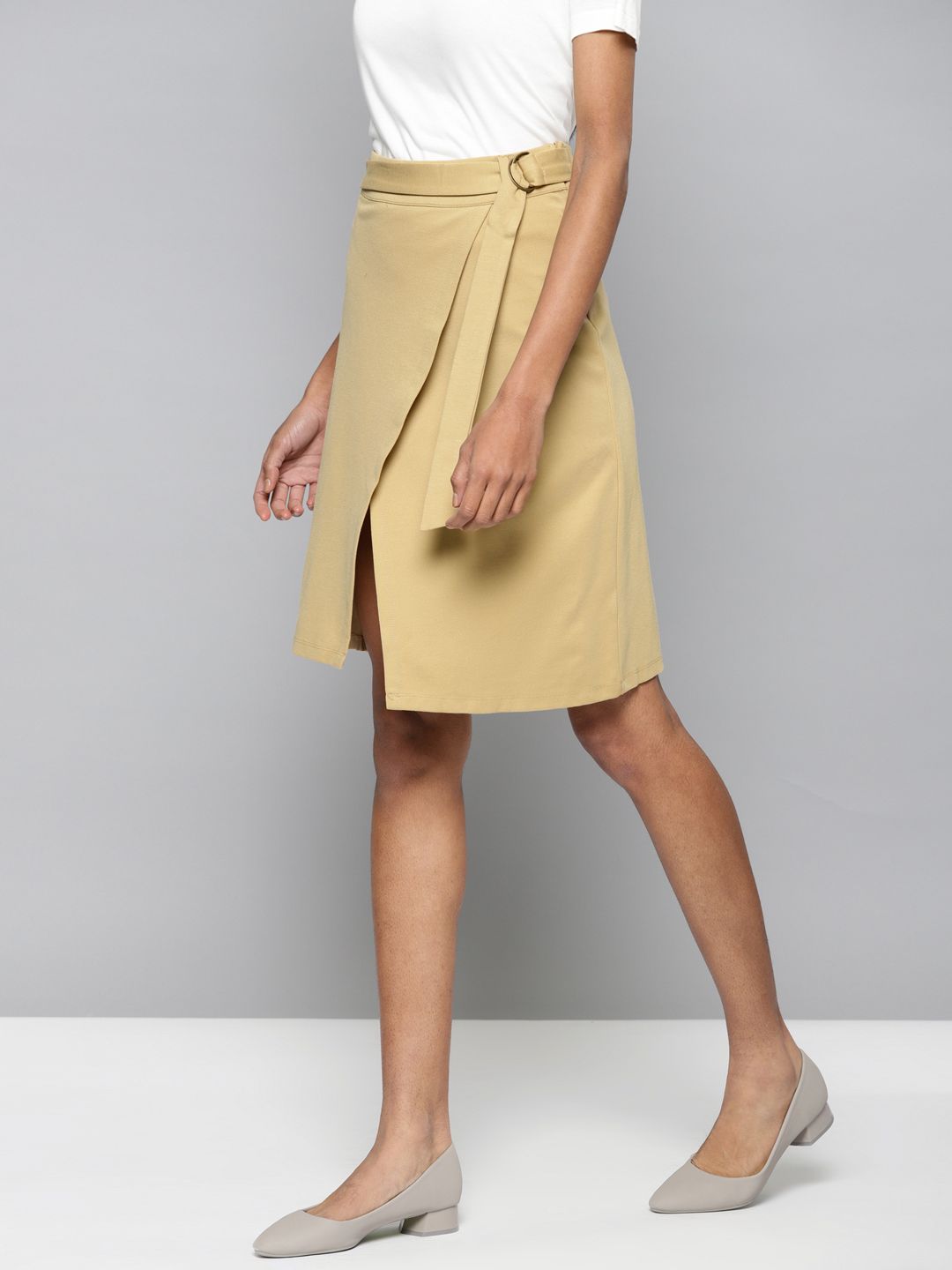 Chemistry Women Beige Solid A-Line Wrap Around Skirt