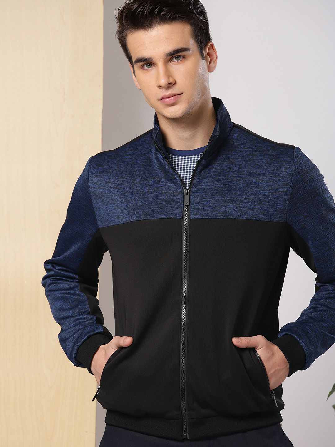 INVICTUS Men Black & Navy Colourblocked Sporty Jacket