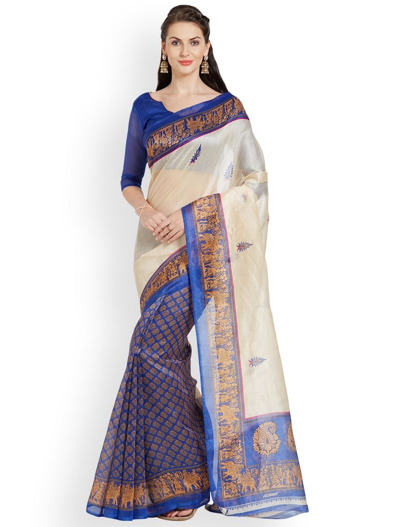 Florence Cream-Coloured & Blue Bhagalpuri Silk Printed Saree with Blouse