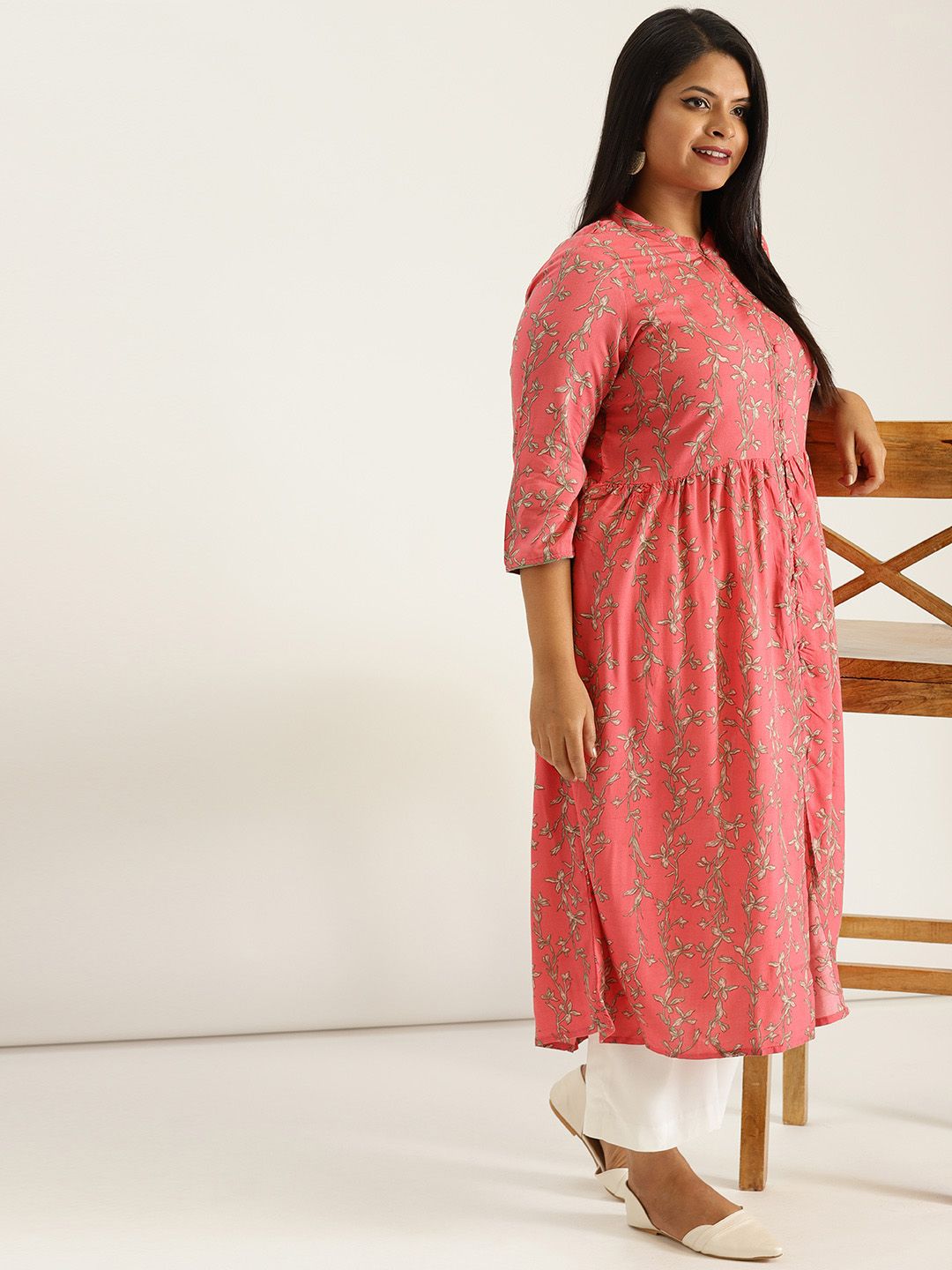 Sztori Plus Size Women Coral Pink  Green Printed A-Line Kurta