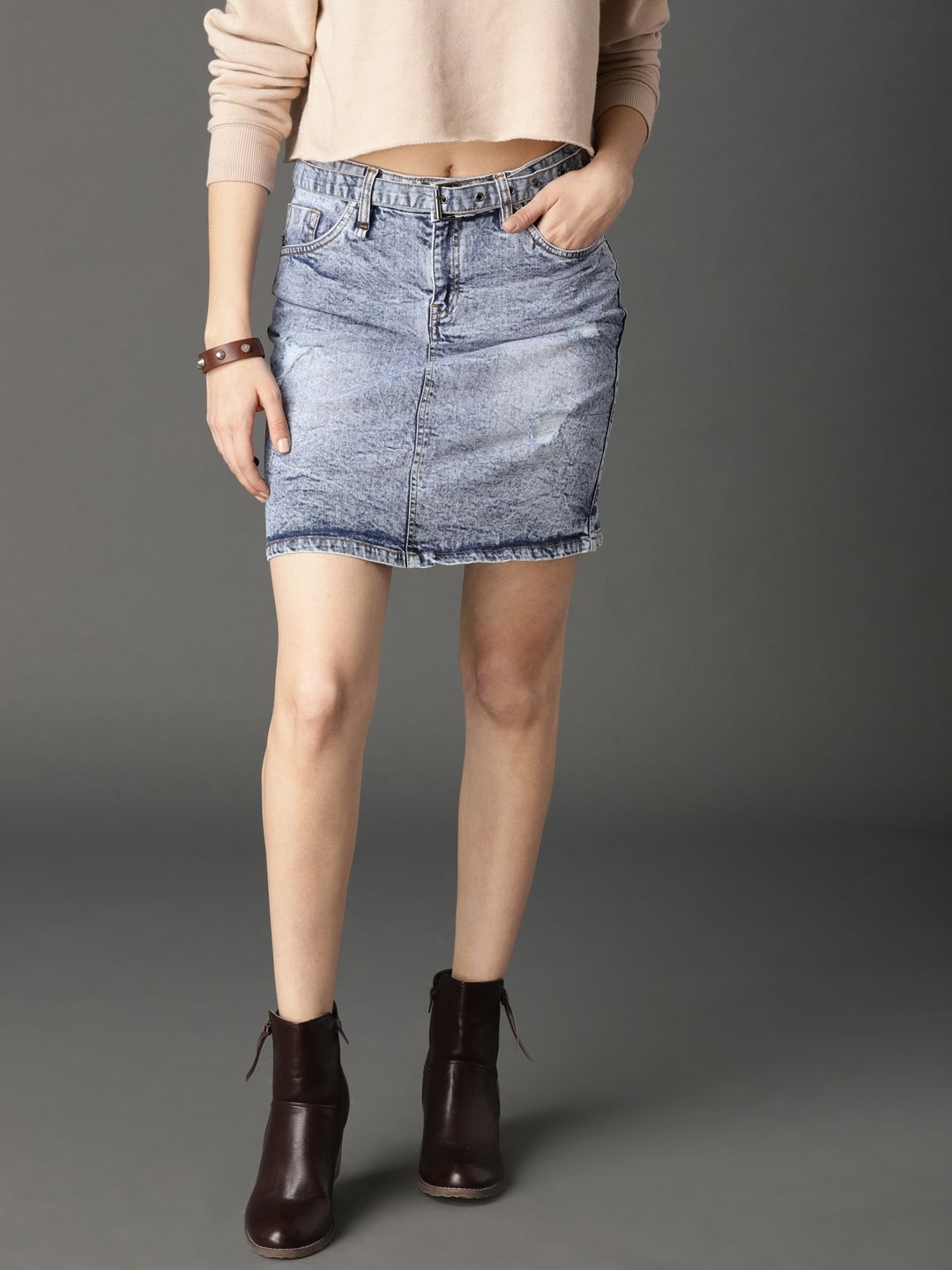 Roadster Women Blue Shell Fabric Belt Acid Wash A-line Denim Skirt