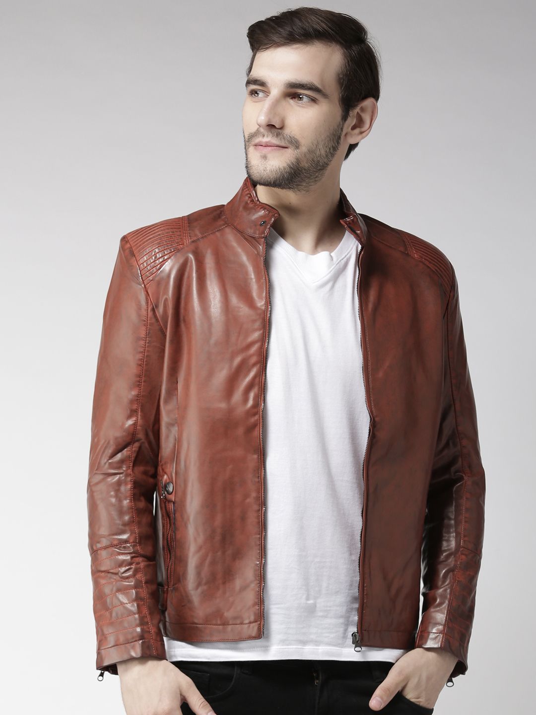 Fort Collins Men Brown Solid Biker Jacket