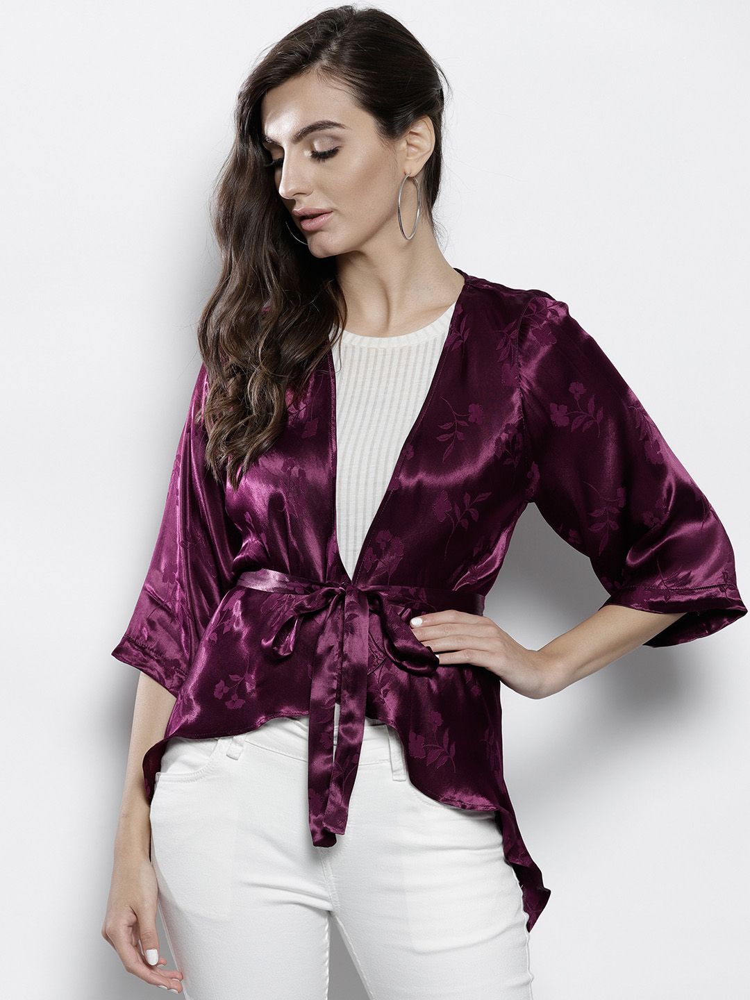 DOROTHY PERKINS Aubergine Self Design Tie-Up Shrug