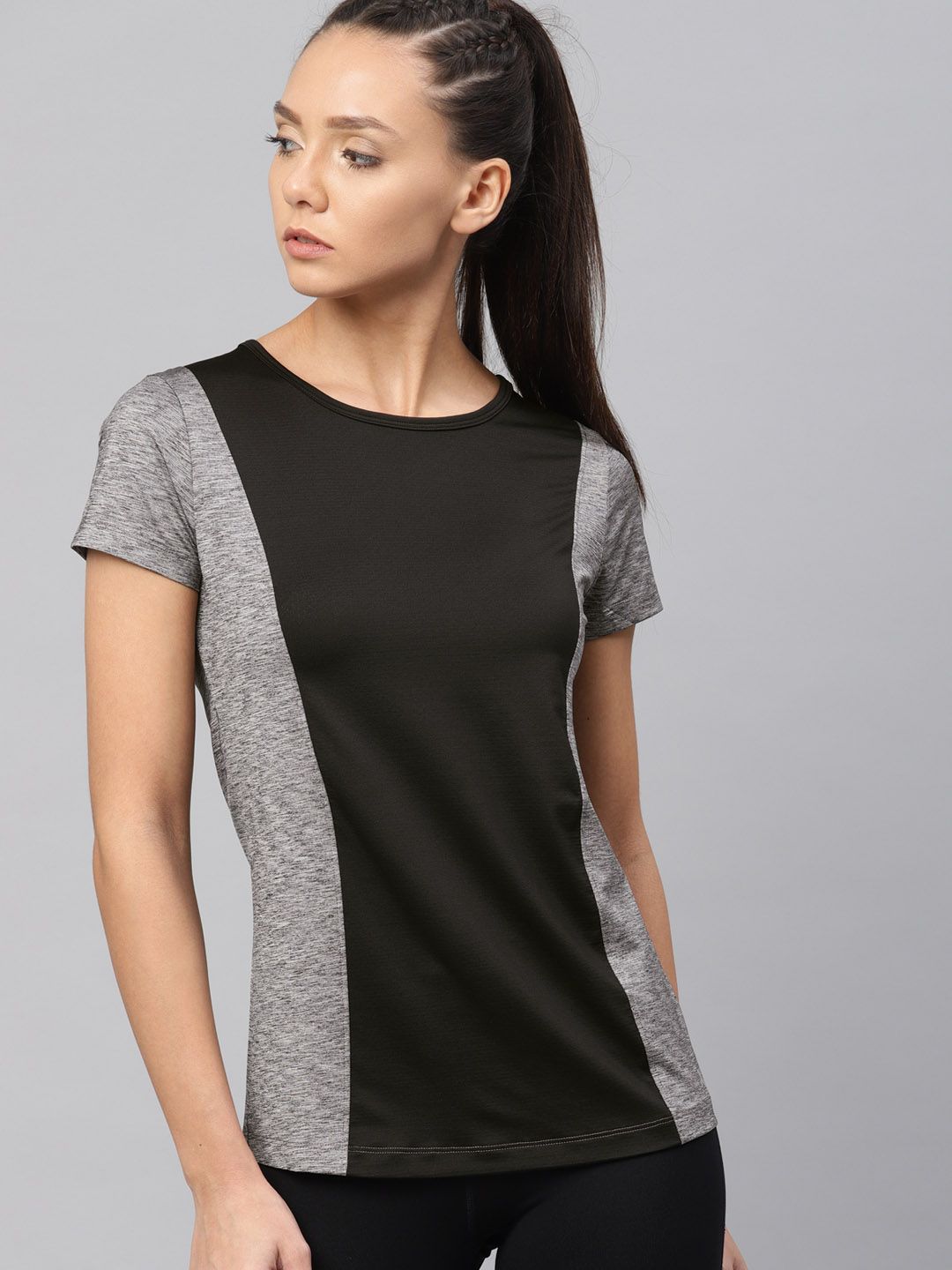 HRX by Hrithik Roshan Women Black & Grey Melange Colourblocked Round Neck Sports T-shirt
