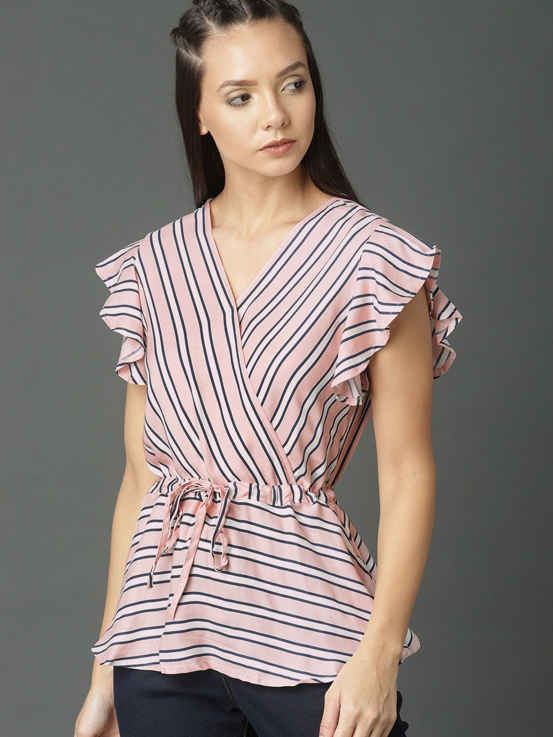 Roadster Women Peach-Coloured & White Striped Cinched Waist Top
