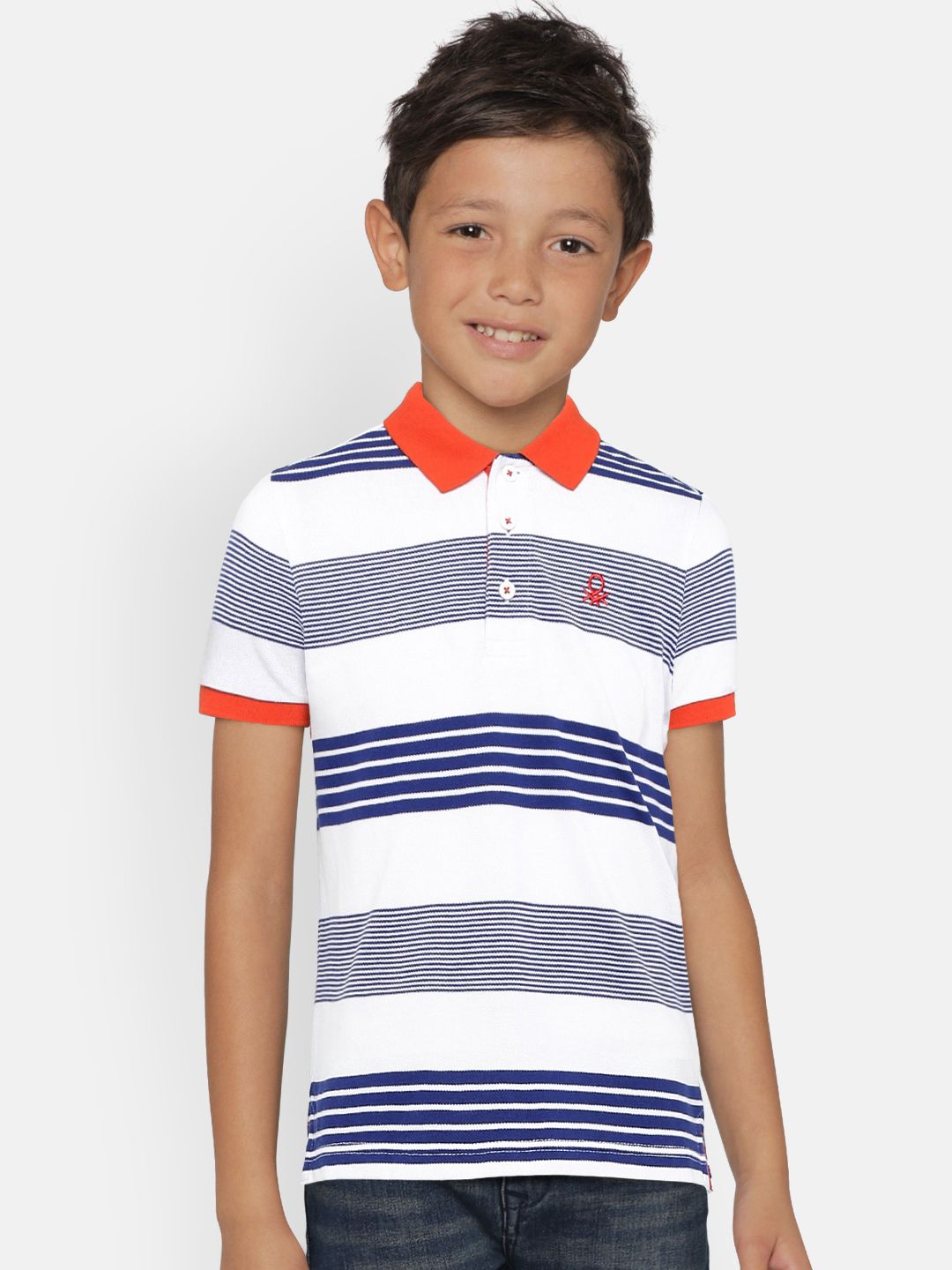 United Colors of Benetton Boys White & Blue Striped Polo Collar T-shirt