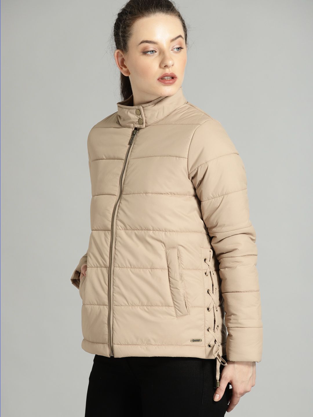 Roadster Women Beige Solid Padded Jacket