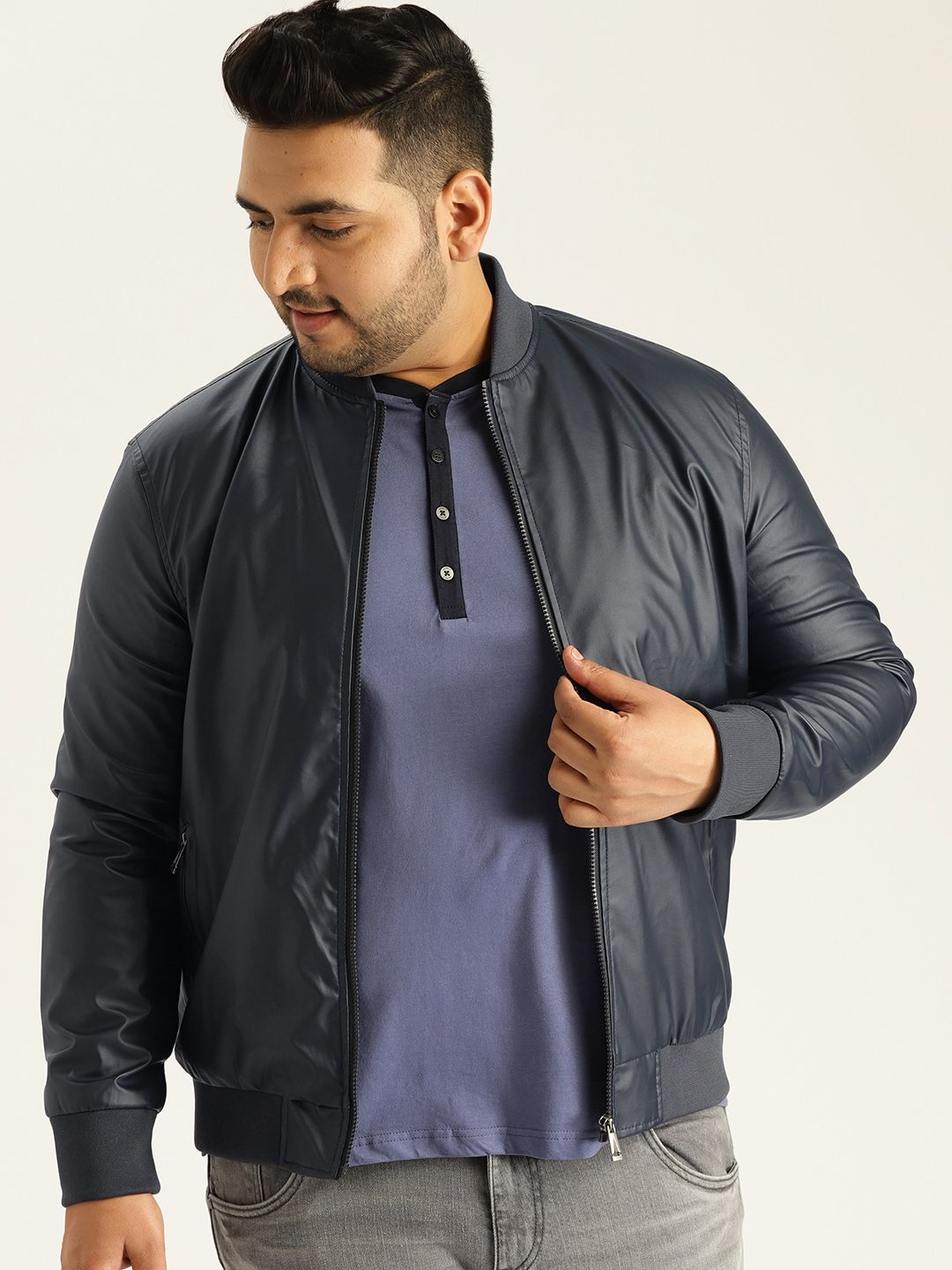 Sztori Plus Size Men Navy Blue Solid Bomber Jacket
