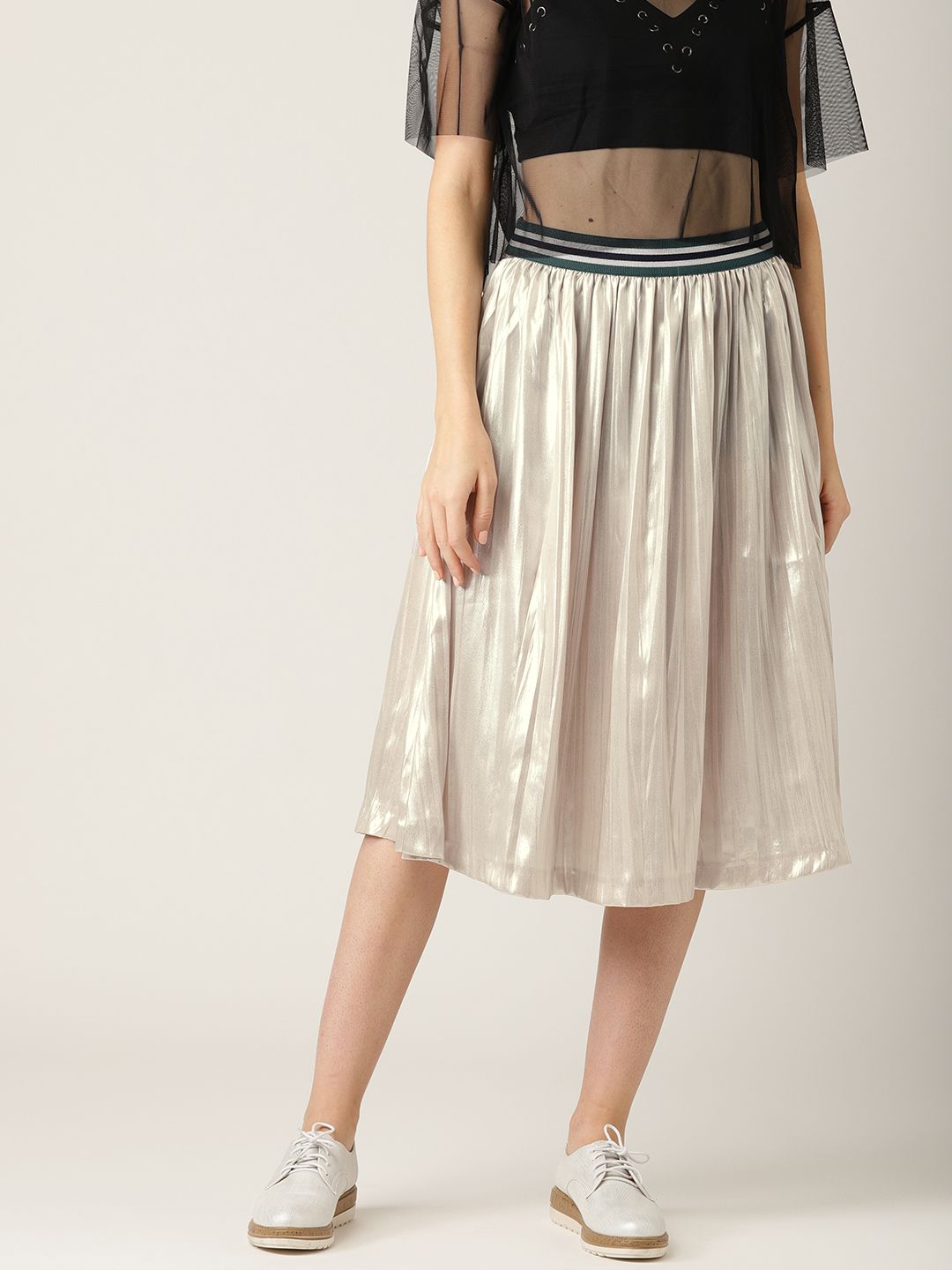 ESPRIT Women Cream-Coloured Solid Flared Skirt