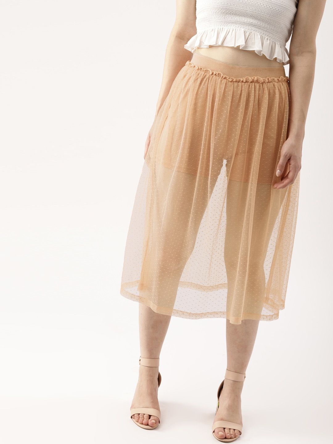 DressBerry Women Peach-Coloured Self Design Flared Midi Sheer Skirt
