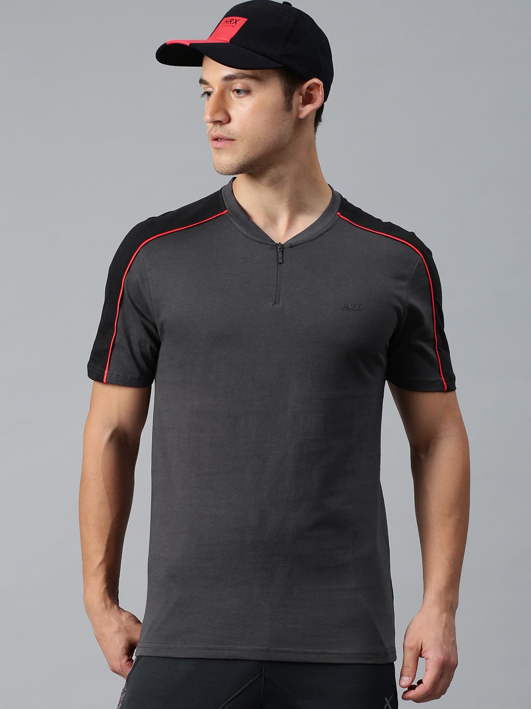 HRX by Hrithik Roshan Men Athleisure Charcoal Grey Solid Pure Cotton T-shirt