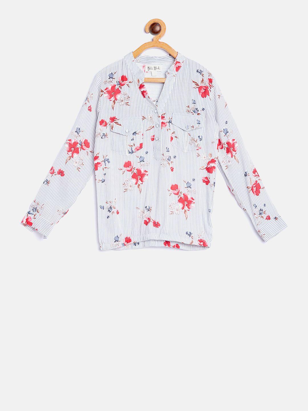 Bella Moda Girls White & Grey Striped Shirt Style Top