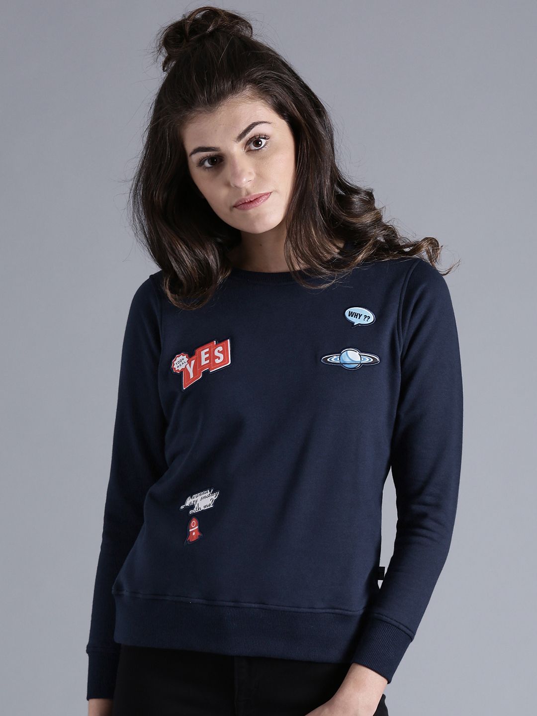 Kook N Keech Women Navy Self-design Pullover Sweatshirt